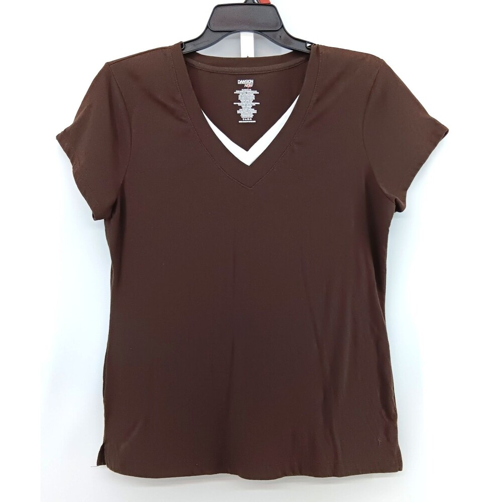 Danskin Now Shirt Women Size XL Brown Short Sleeve V Neck Pullover Top